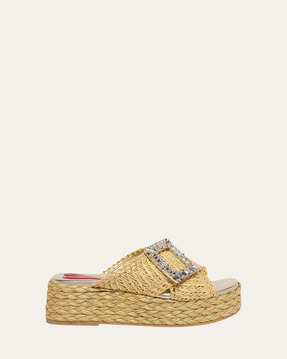 Strass-Buckle Raffia Platform Sandals